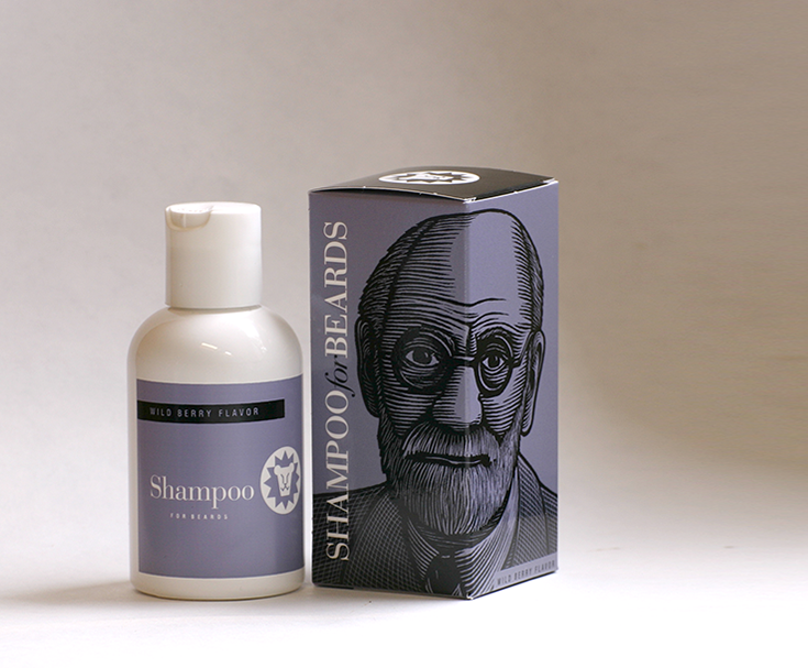 Beardsley Wild Berry flavor beard shampoo, featuring bearded notable Sigmund Freud, 4 ounce bottle