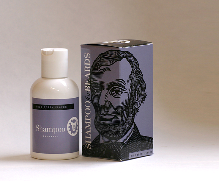 Beardsley Wild Berry flavor beard shampoo, featuring bearded notable Abraham Lincoln, 4 ounce bottle