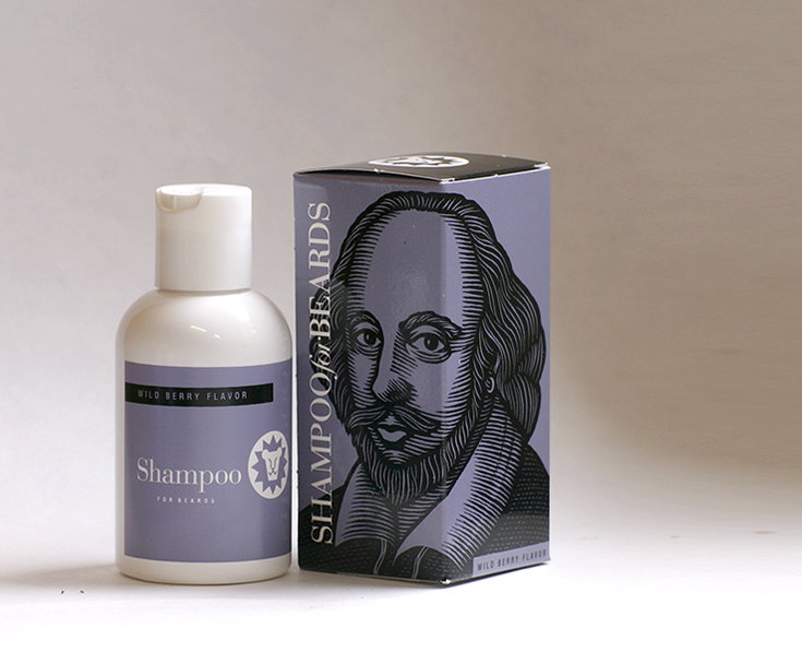 Beardsley Wild Berry flavor beard shampoo, featuring bearded notable William Shakespeare, 4 ounce bottle